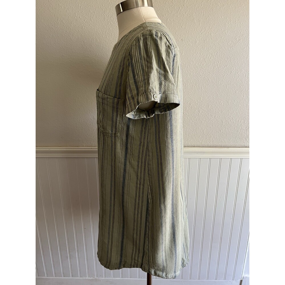 Cloth & Stone Short Sleeve Shirt Dress Button Back Linen Blend Green Stripe M - Picture 2 of 9